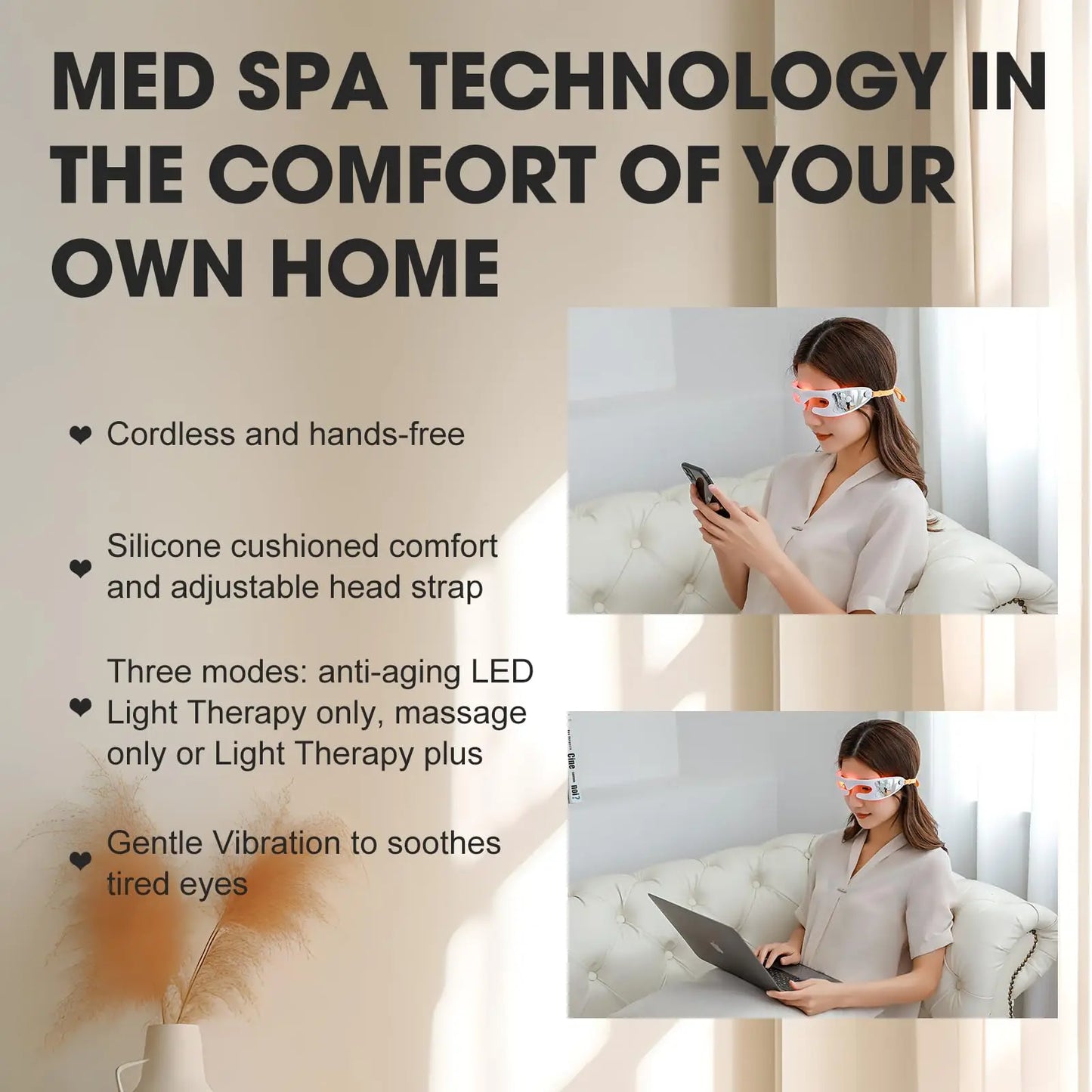 Red Light Therapy Eye Massager, Vibration LED Eye Mask for Dark Circles, Fine Lines & Wrinkle Removal Beauty Device