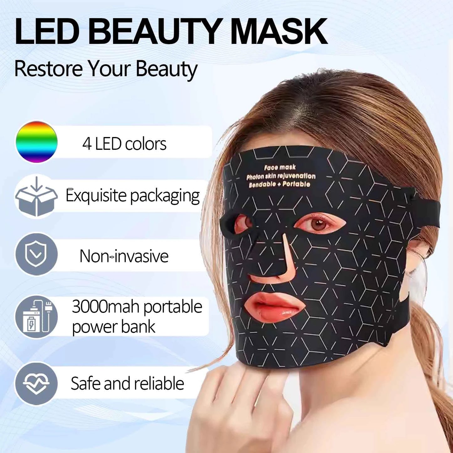 4 Modes Portable Led Face Mask Light Therapy for Anti-Aging Wrinkles Skin Rejuvenation Home Use Red Light Therapy Mask for Face