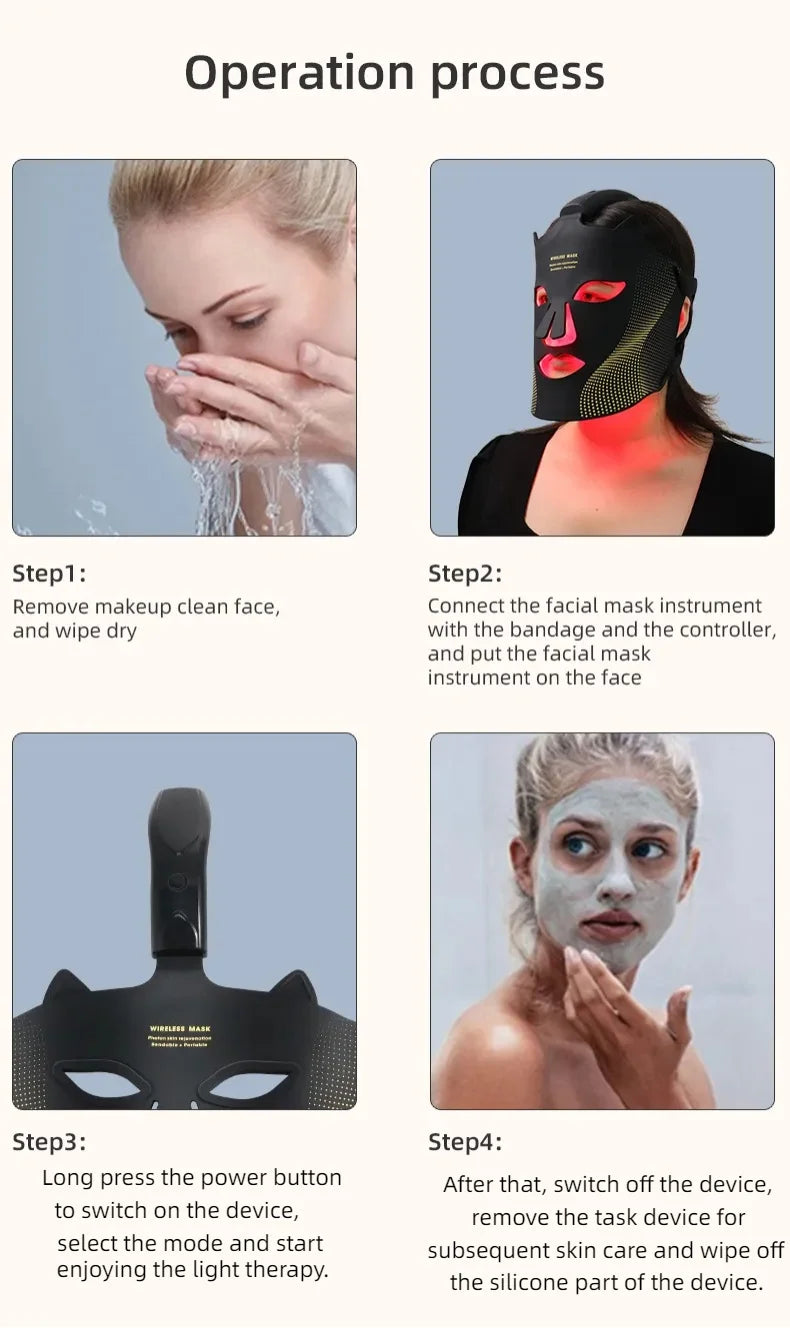 LED Cat-Ear Red Light Therapy Face Mask - Anti-Aging & Acne Treatment - Portable Photon Facial Skin Rejuvenation Tool