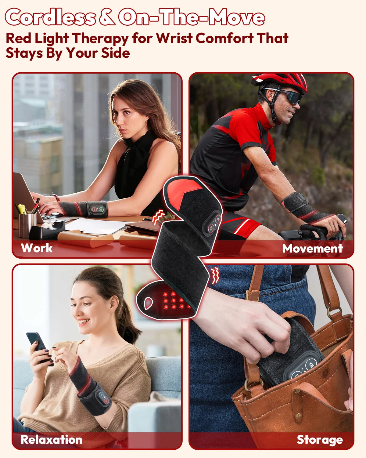 Cordless Red Light Therapy Wrist Wrap, 36 LEDs 660nm 850nm Infrared Heated Massager for Arm Knee Pain Relief (3000mAh)
