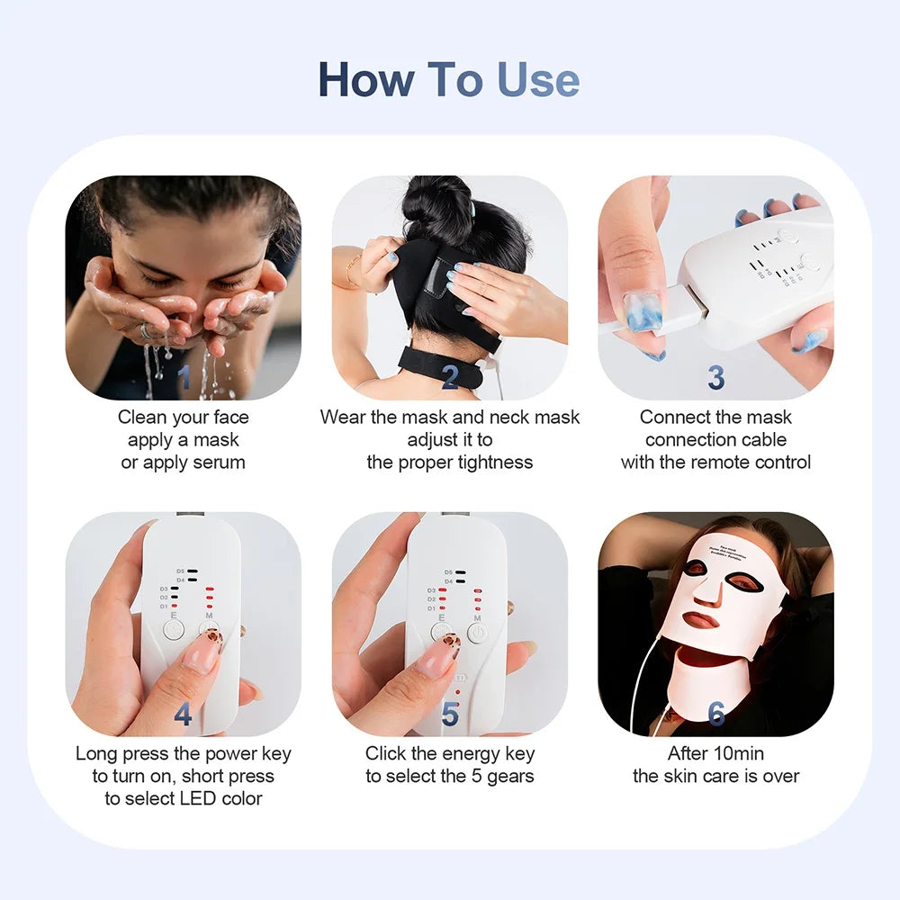 7-Color Wireless Silicone LED Mask for Face & Neck - 309 Light Beams Red Light Therapy for Anti-Aging