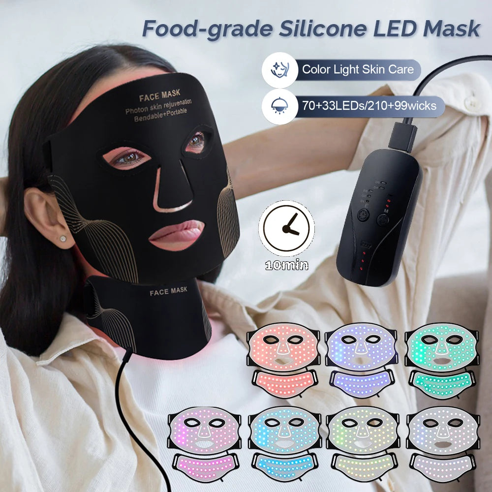 7-Color Silicone LED Face & Neck Therapy Mask - Professional Red Light Therapy for Skin Rejuvenation