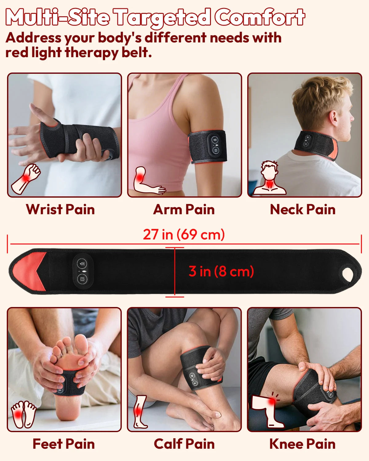 Cordless Red Light Therapy Wrist Wrap, 36 LEDs 660nm 850nm Infrared Heated Massager for Arm Knee Pain Relief (3000mAh)
