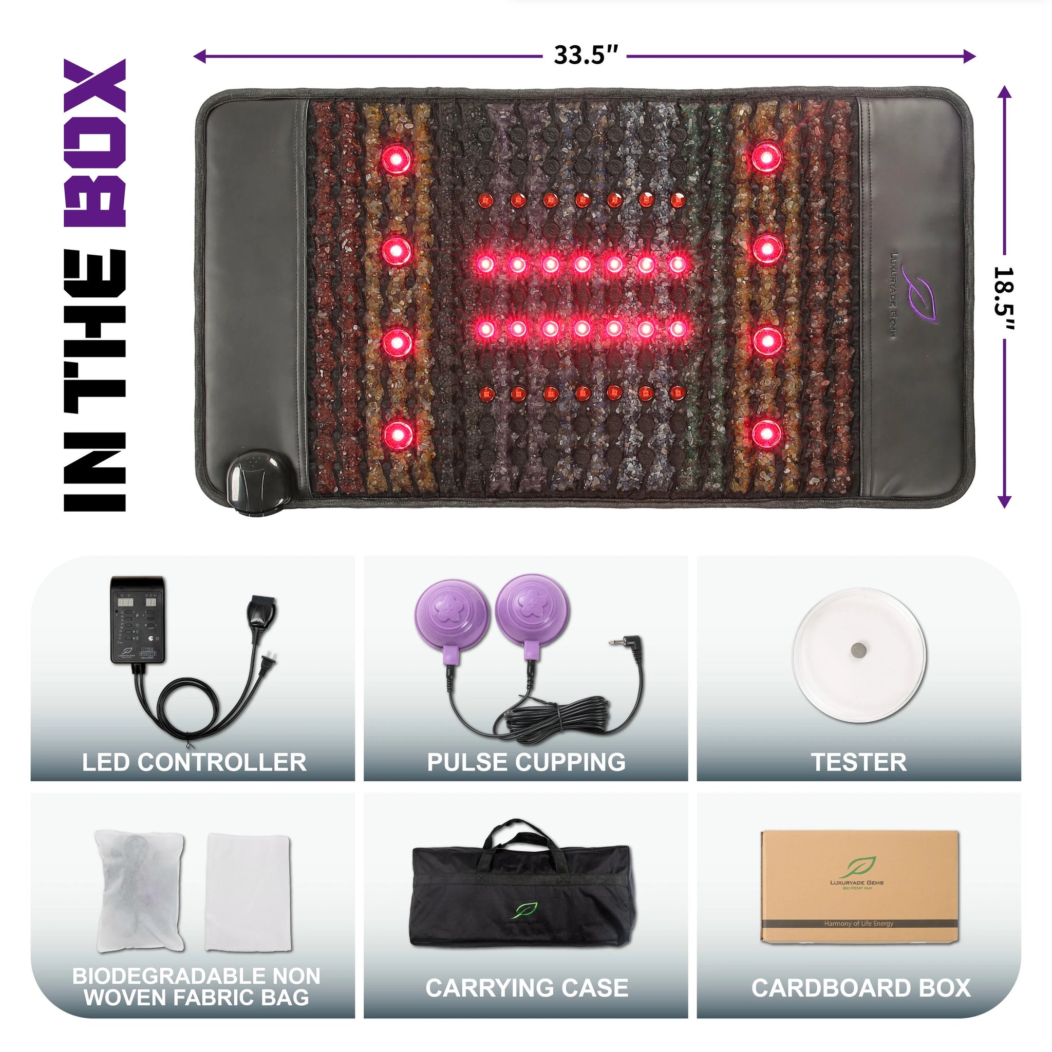 PEMF Infrared Therapy Back Cushion 47x85cm | 8 Crystal Gemstones | 36-LED Red Light 660nm/850nm | 2 PEMF Coils | Spine Pain Relief