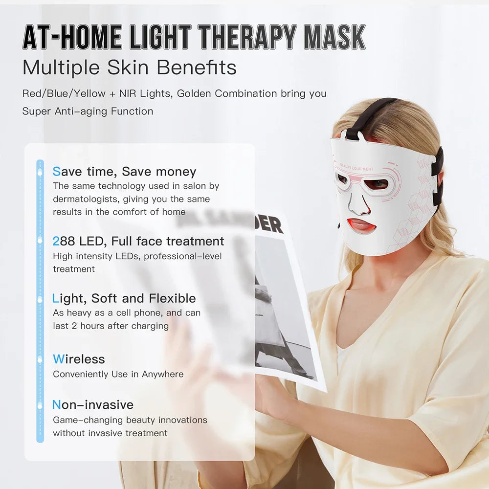 3 Colors LED Light Therapy Face Mask, 288 Beams 850nm Near-Infrared Photon Mask for Anti-Aging & Skin Rejuvenation