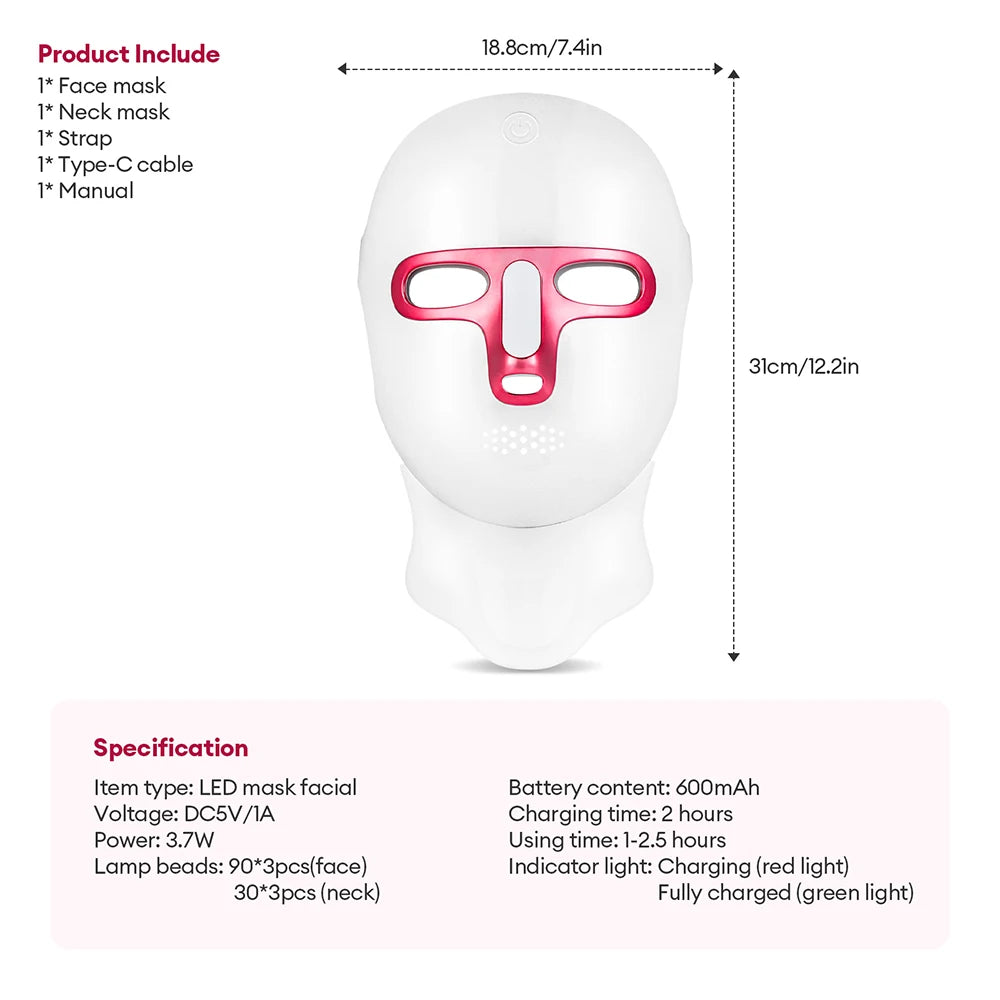 Wireless 7-Color LED Photon Therapy Face & Neck Mask - Rechargeable Facial Lifting & Skin Care Tool for Anti-Aging & Acne