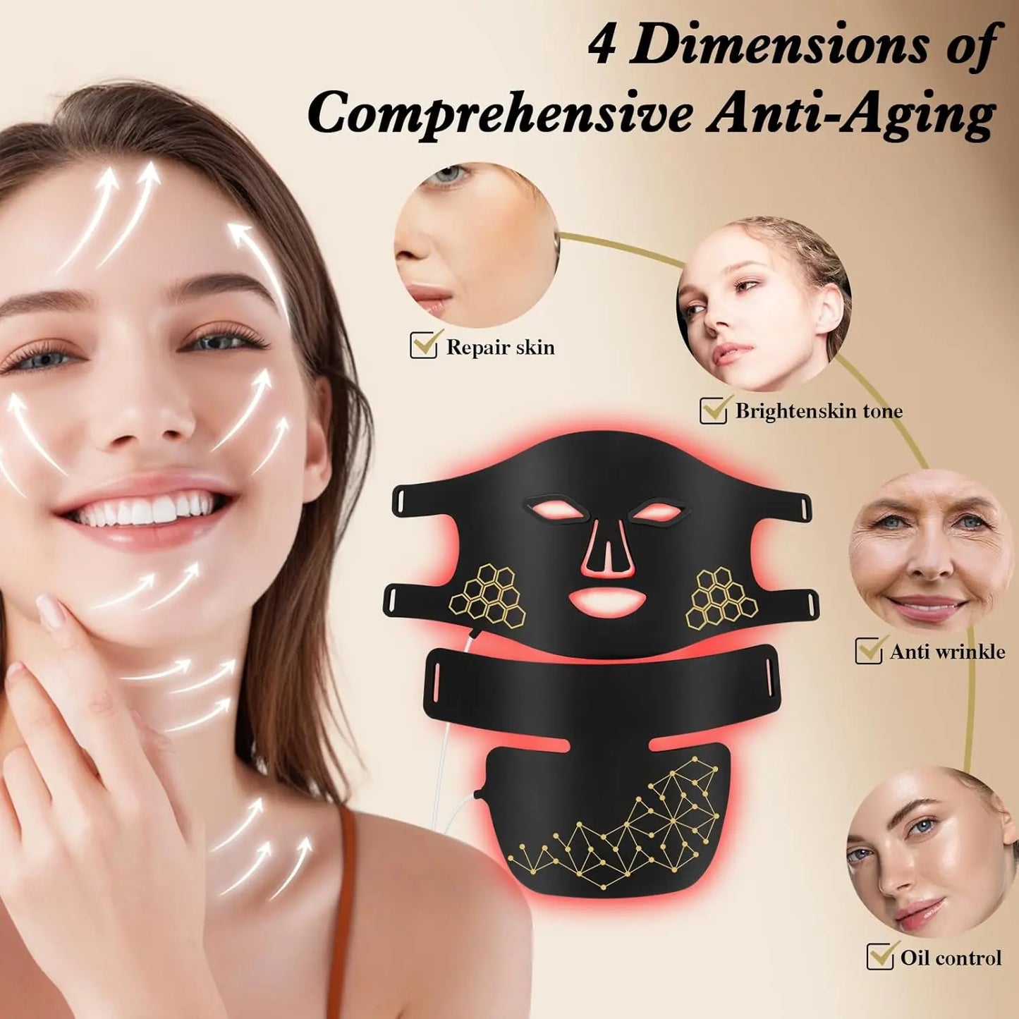 Rechargeable Red & Near Infrared LED Light Therapy Face & Neck Mask - 4 Modes for Anti-Aging, Skin Tightening & Rejuvenation