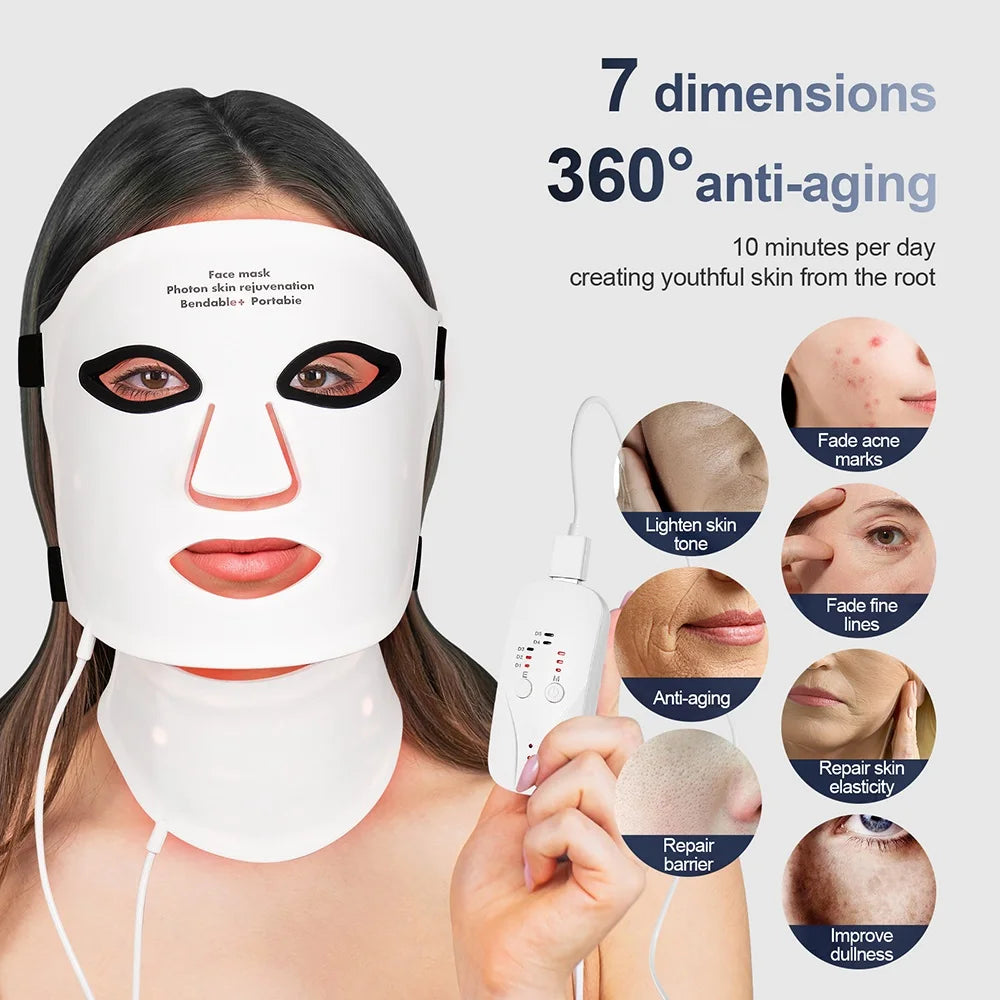 7-Color Wireless Silicone LED Mask for Face & Neck - 309 Light Beams Red Light Therapy for Anti-Aging
