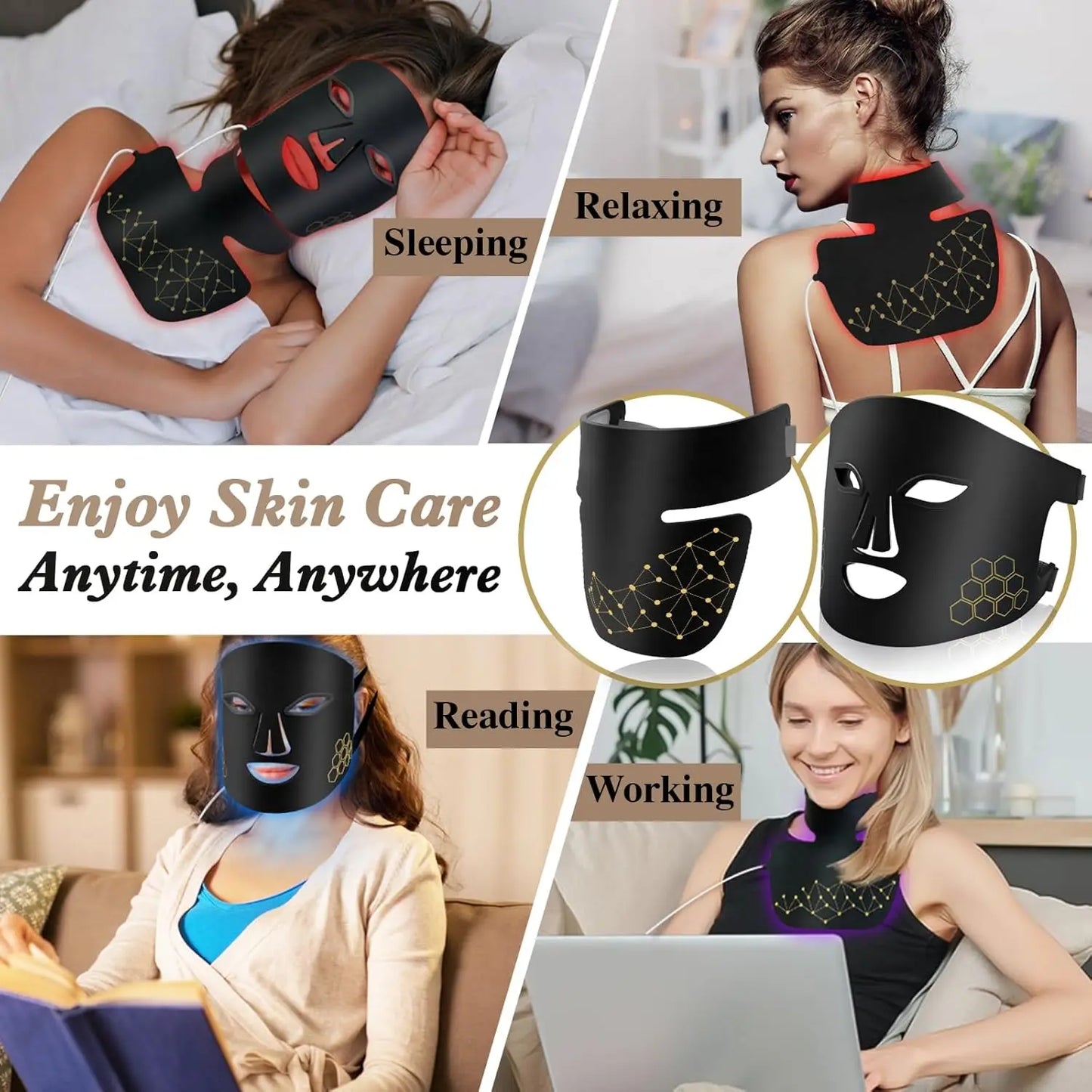 Rechargeable Red & Near Infrared LED Light Therapy Face & Neck Mask - 4 Modes for Anti-Aging, Skin Tightening & Rejuvenation