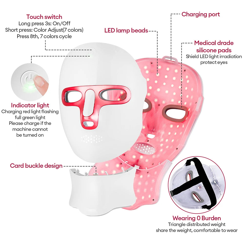 Wireless 7-Color LED Photon Therapy Face & Neck Mask - Rechargeable Facial Lifting & Skin Care Tool for Anti-Aging & Acne