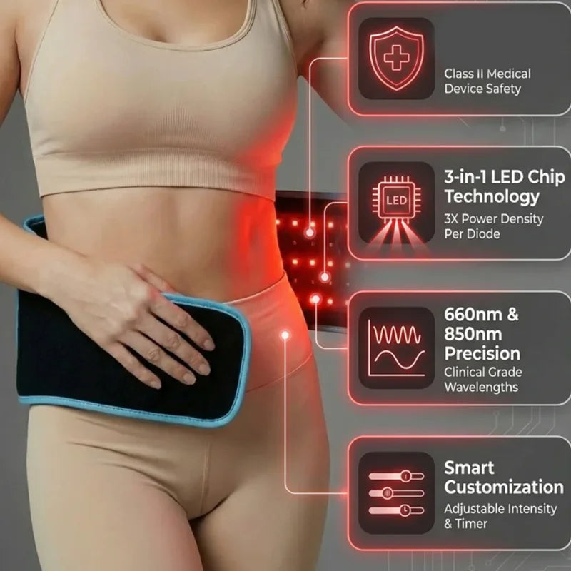 660nm 850nm Red Light Therapy Belt, 3-in-1 Chip Infrared Wrap for Back Shoulder Muscle Pain Relief & Recovery