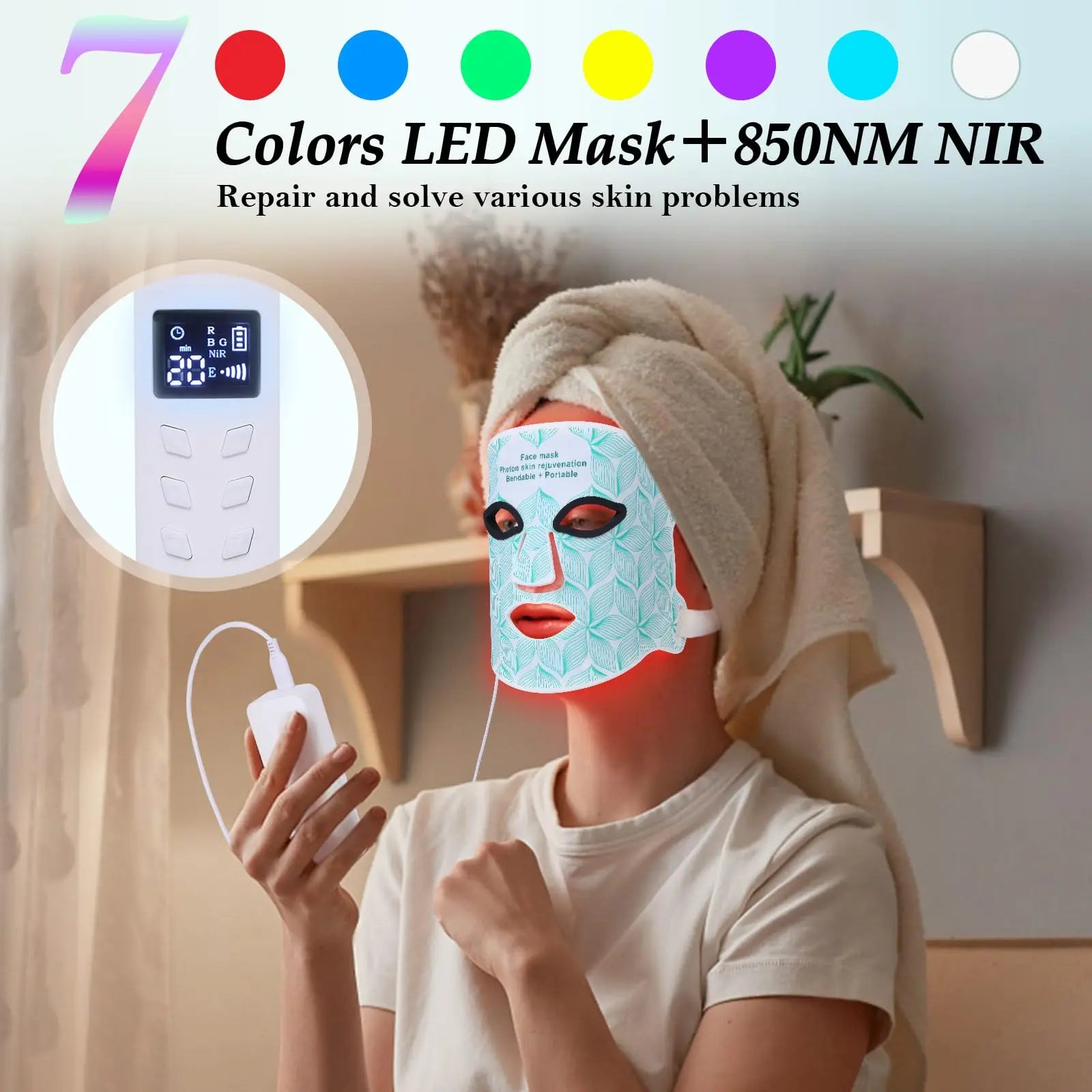 Rechargeable 8-Color LED & Near Infrared Light Therapy Face Mask - Food-Grade Silicone for Anti-Aging, Acne & Skin Rejuvenation