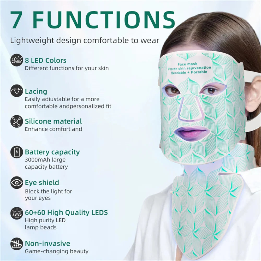 8-Color LED Face & Neck Light Therapy Mask - 480 Beams Red Light Therapy for Anti-Aging & Acne