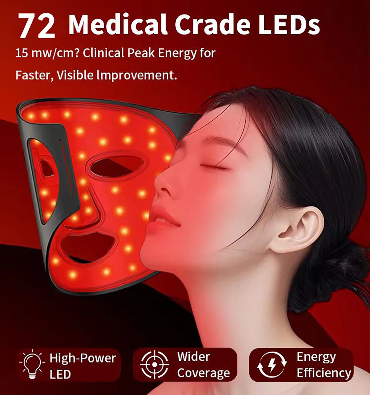 Wireless LED Red Light Therapy Face Mask - Red, Infrared, Blue & Yellow Light - 72 LEDs, Rechargeable for Anti-Aging & Balanced Skin