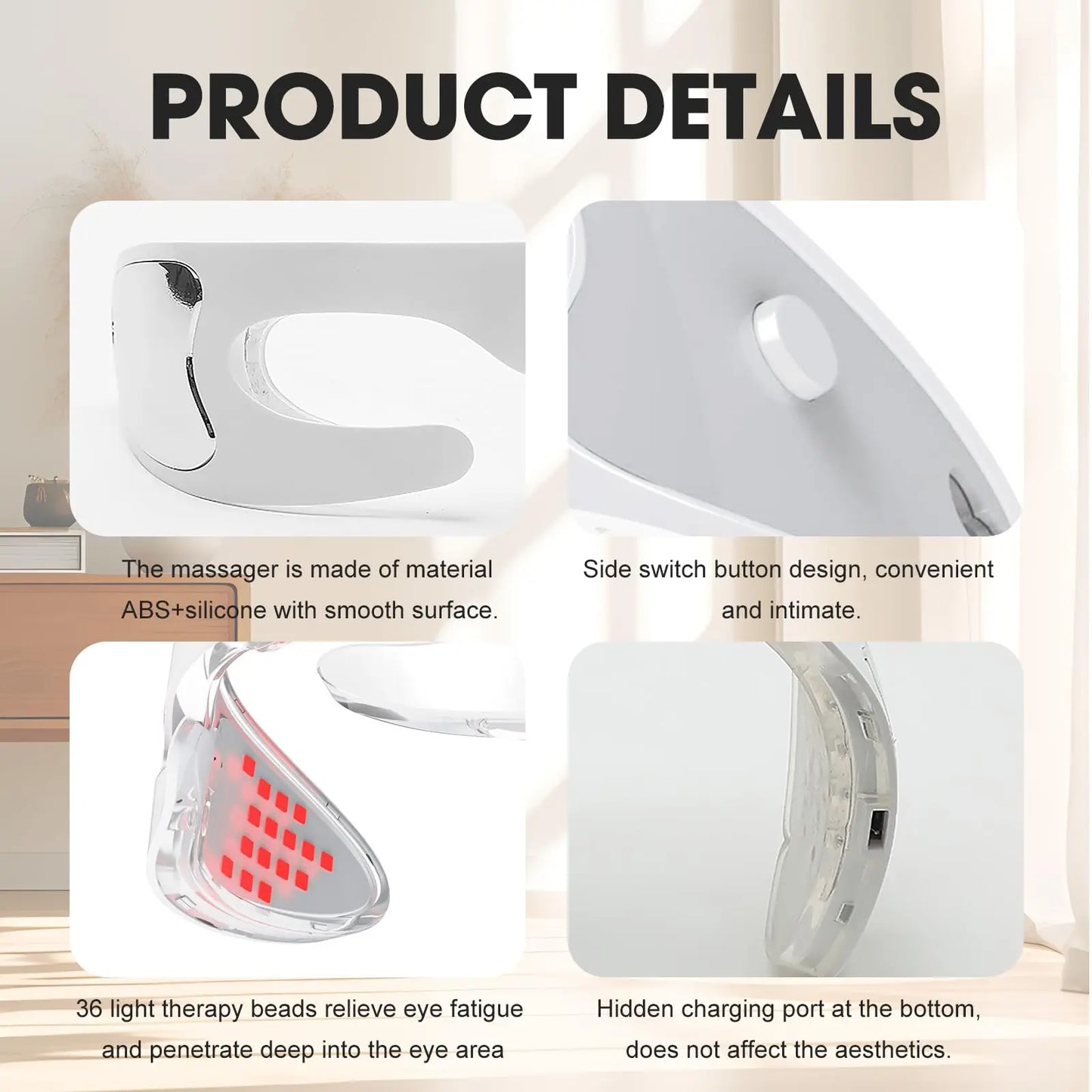 Red Light Therapy Eye Massager, Vibration LED Eye Mask for Dark Circles, Fine Lines & Wrinkle Removal Beauty Device