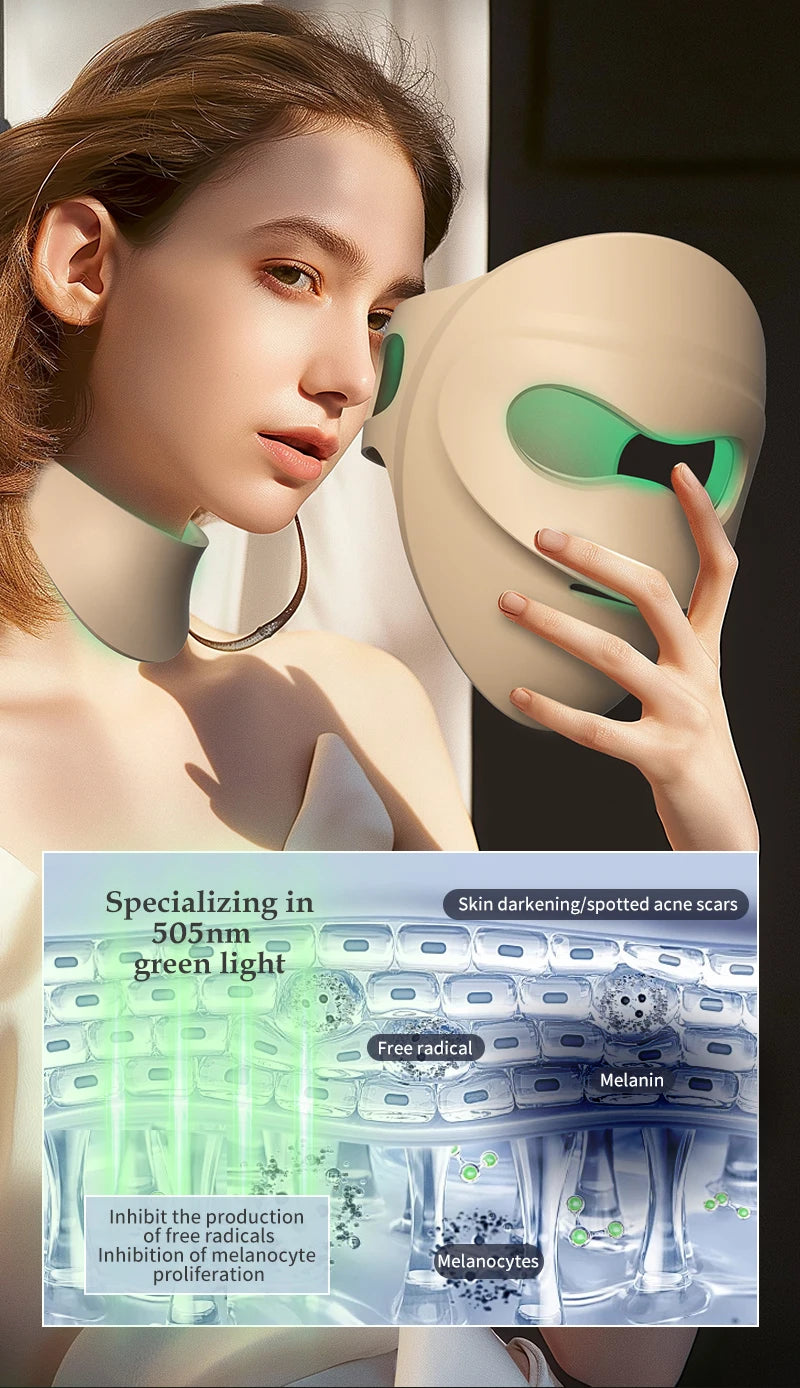 Infrared LED Face & Neck Mask - 676 Beams Red & Green Light Therapy for Dark Spots & Anti-Aging