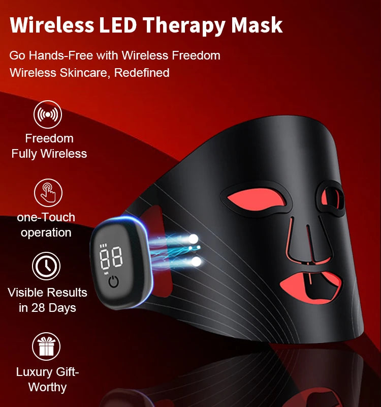 Wireless LED Red Light Therapy Face Mask - Red, Infrared, Blue & Yellow Light - 72 LEDs, Rechargeable for Anti-Aging & Balanced Skin