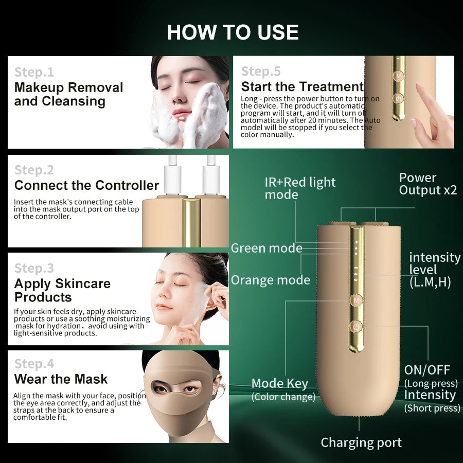 Infrared LED Face & Neck Mask - 676 Beams Red & Green Light Therapy for Dark Spots & Anti-Aging