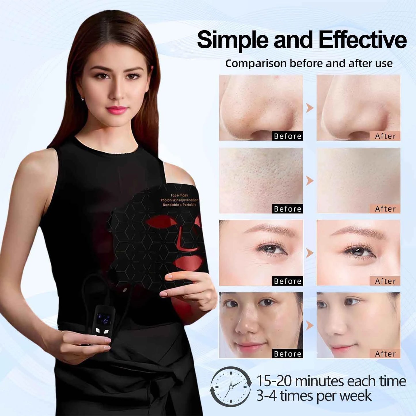 4 Modes Portable Led Face Mask Light Therapy for Anti-Aging Wrinkles Skin Rejuvenation Home Use Red Light Therapy Mask for Face