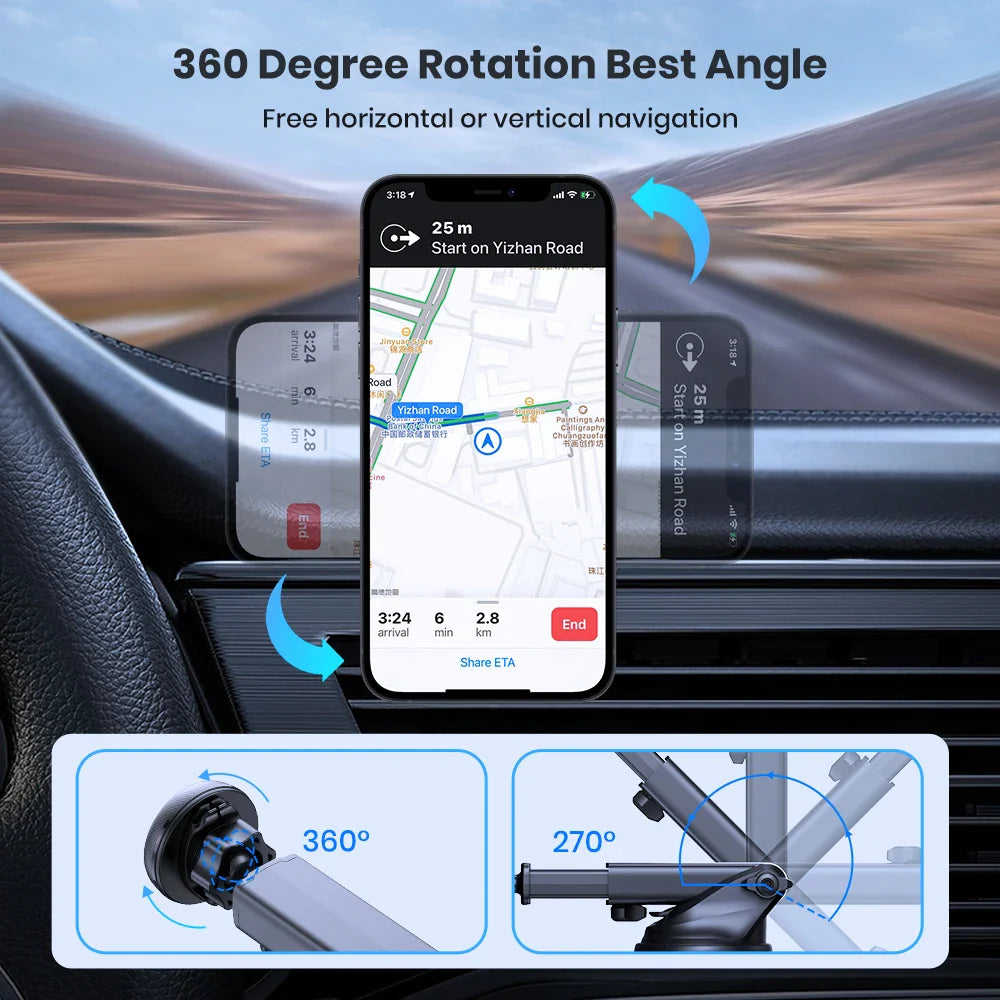 Magnetic Car Phone Holder Mount for Windshield & Dashboard - Strong Suction, Adjustable Arm