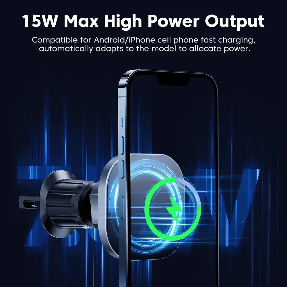 15W Magnetic Car Wireless Charger & Phone Holder for iPhone 15/14/13/12 Pro Max - Fast Charging