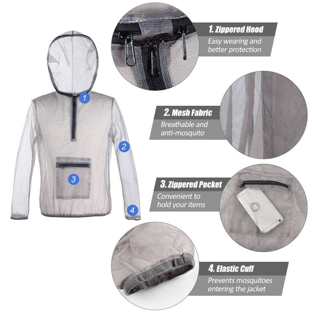 Ultralight Mesh Bug Jacket with Hood - Anti-Mosquito Protection for Camping, Hiking, Fishing, and Gardening