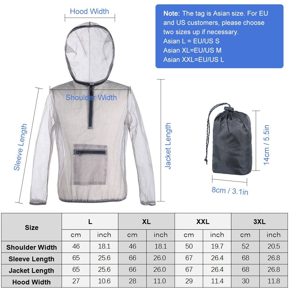 Ultralight Mesh Bug Jacket with Hood - Anti-Mosquito Protection for Camping, Hiking, Fishing, and Gardening