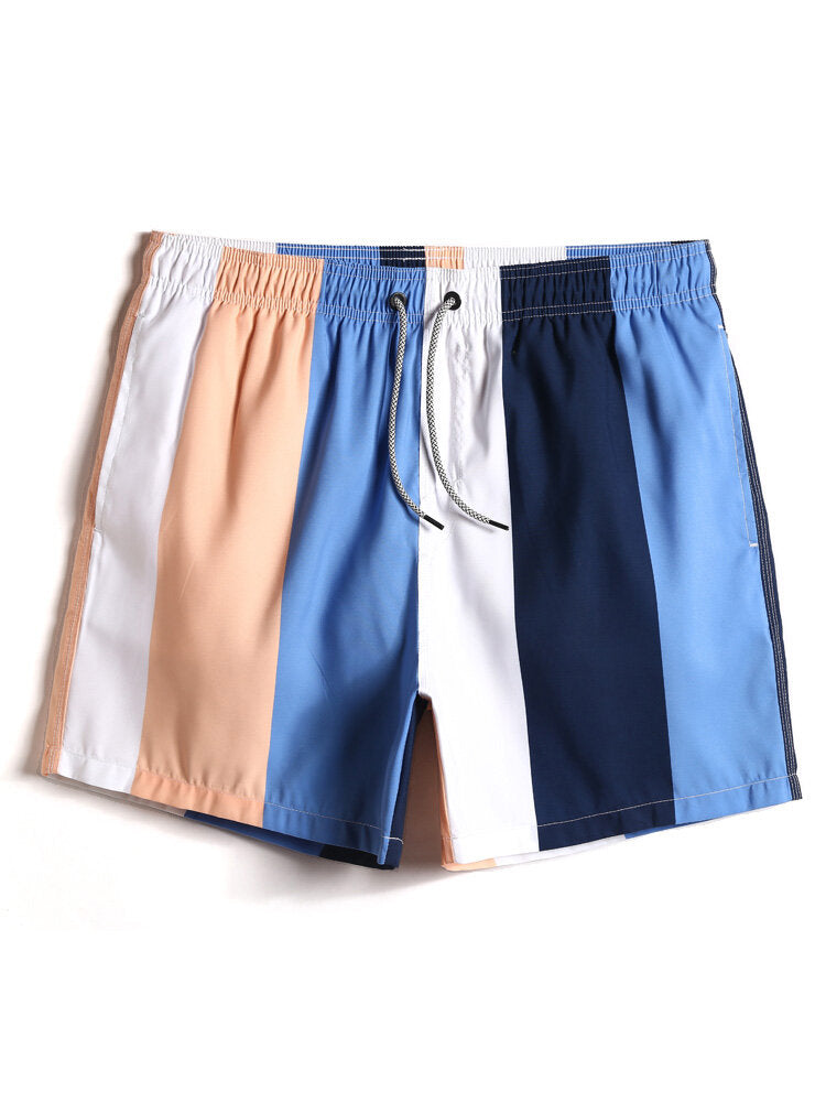 Schnelltrocknende Strandshorts für Herren mit Farbblock-Streifen, Kordelzug und Tasche