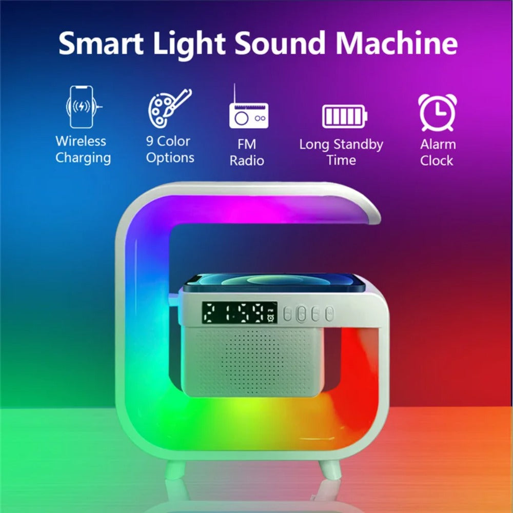 Wireless Charger Stand with Bluetooth Speaker, Alarm Clock, RGB Light, Fast Charging for iPhone, Samsung, Xiaomi