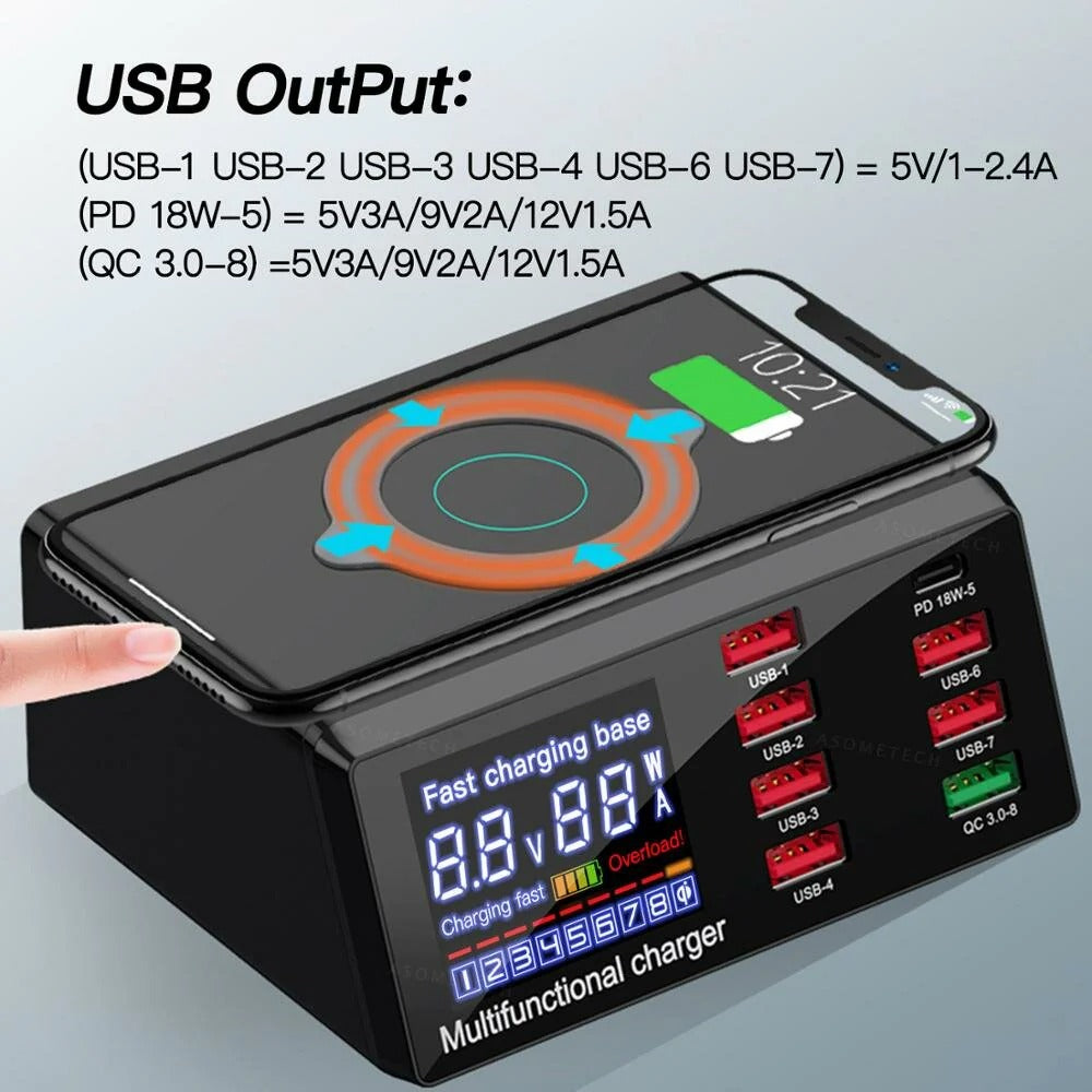 100 W 8-Port USB PD-Ladegerät mit QC3.0, 10 W Wireless Pad für iPhone, Desktop Station von Hui