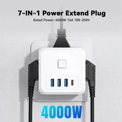 4000W 7-Port Power Strip with Fast Charging USB-C/USB-A & 3 AC Outlets EU Plug for iPhone, Huawei, Samsung, Xiaomi