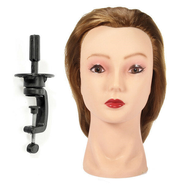 Golden Long Straight Hair Training Mannequin Head with Clamp Holder for Hairdressing, Cutting, and Braiding