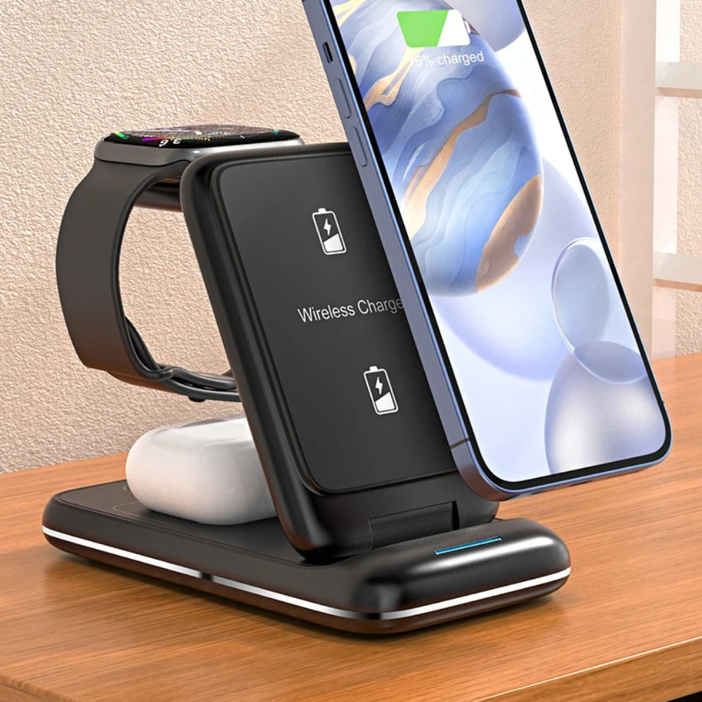 3-in-1 Foldable Wireless Charger Stand for iPhone, Apple Watch, AirPods Pro - 15W Fast Charging