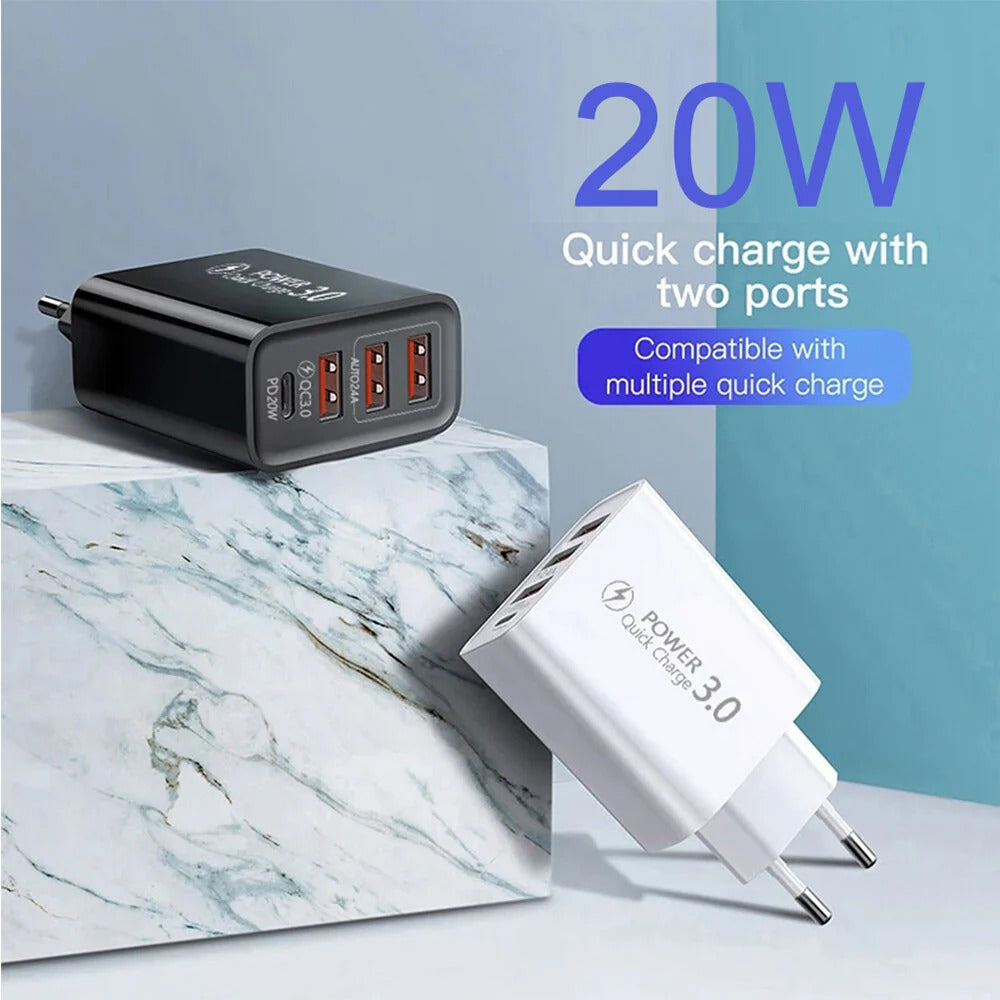 30W 4-Port USB PD Charger, Fast Charging EU Plug for iPhone, Huawei, Oppo, Samsung