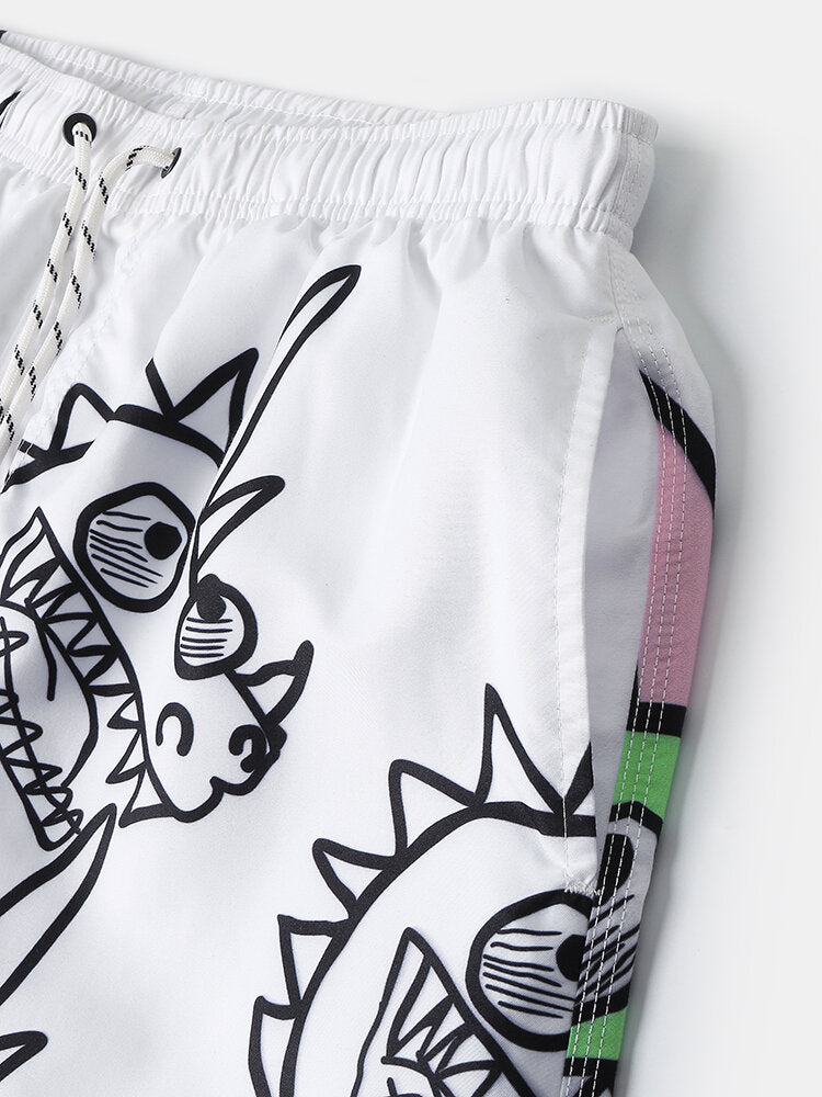 Schnelltrocknende Strandshorts für Herren mit Cartoon-Dinosaurier-Aufdruck und Kordelzug