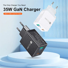 35 W GaN USB PD-Ladegerät, Dual USB-A/USB-C-Anschlüsse, Schnellladung, EU-Stecker für iPhone, Xiaomi, Huawei, Samsung