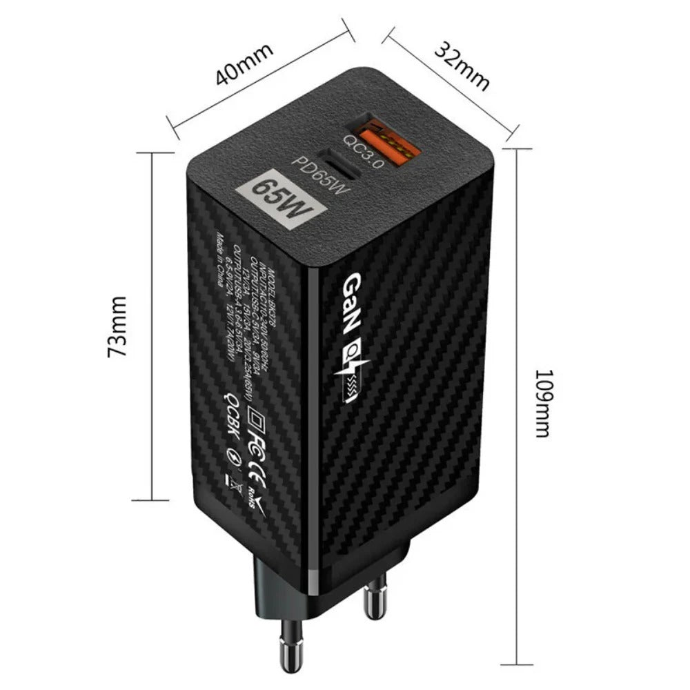 GaN Tech PD65W Schnellladegerät, 2-Port USB-C+USB-A, EU-Stecker für iPhone, Huawei, Samsung, Xiaomi