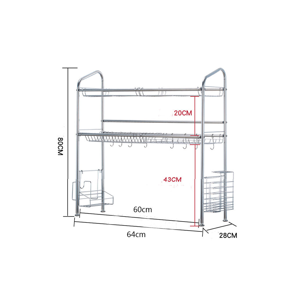 2-Tier Stainless Steel Dish Drainer Rack with Cutlery Holder & Drip Tray for Single Sink - Kitchen Tool