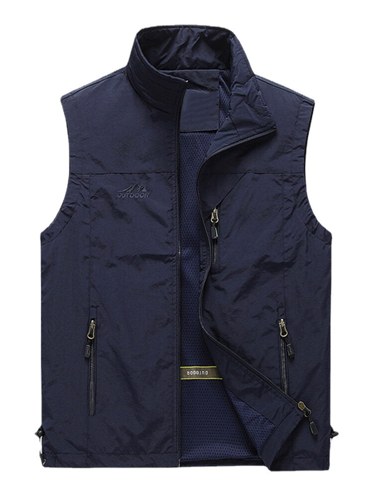 Men's High Collar Outdoor Sports Warm Vest with Zipper and Multi-Pockets