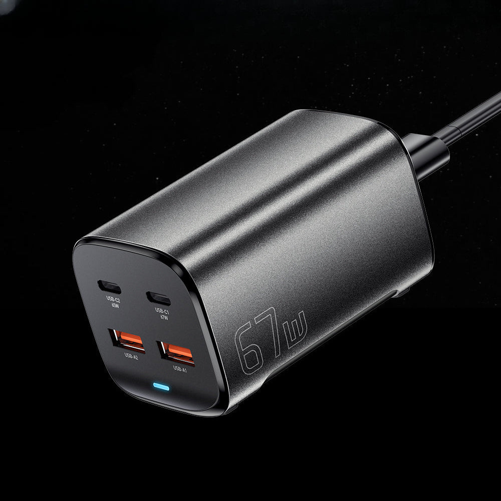 67W 4-Port GaN USB PD Charger: 2 USB-A & 2 USB-C, Fast Charging, EU/US Plug, 1M Cable