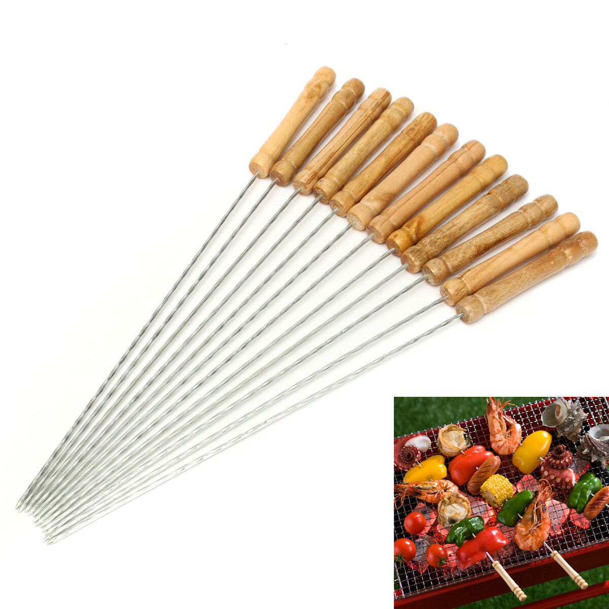 12X Stainless Steel BBQ Skewers 30cm - Metal Kebab Sticks, Barbecue Utensils, Needle Forks