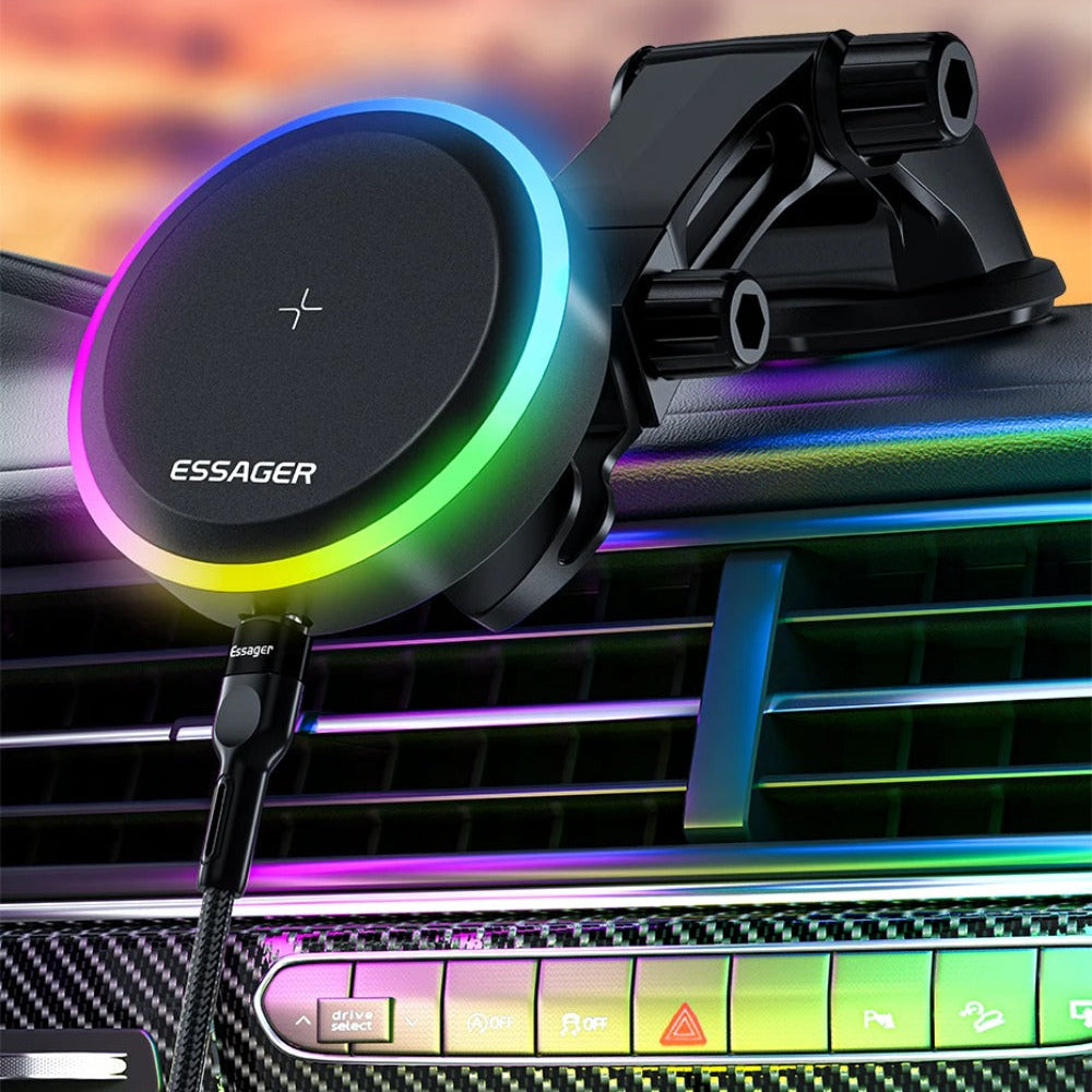 RGB Magnetic Car Phone Holder & 15W Wireless Charger for iPhone 14/13 Pro Max, Samsung Devices