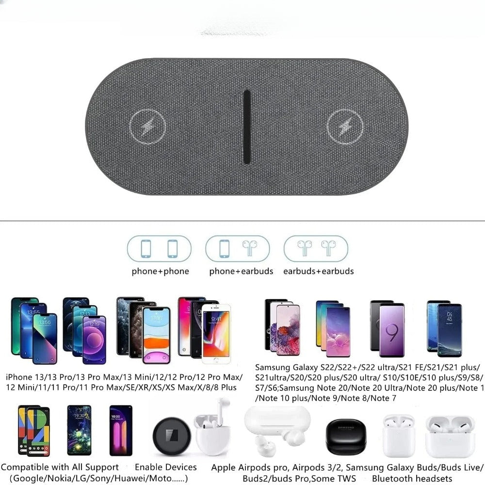 40W Fast Dual Wireless Charger Pad for iPhone, AirPods, Samsung S23/S22 - Efficient Charging Solution