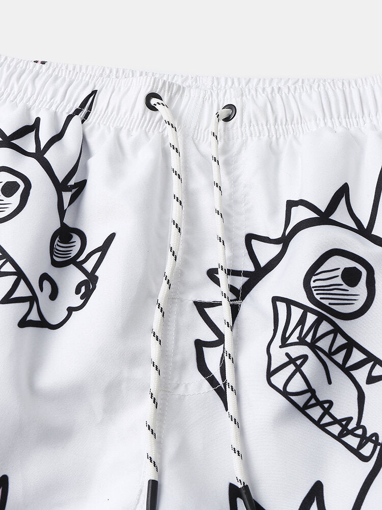 Schnelltrocknende Strandshorts für Herren mit Cartoon-Dinosaurier-Aufdruck und Kordelzug
