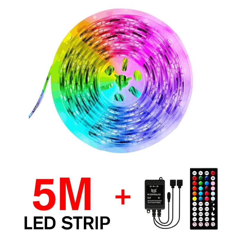 5M/10M 3528 SMD RGB LED Strip Light with Music Sync, Non-Waterproof, 44-Key IR Remote Controller Included