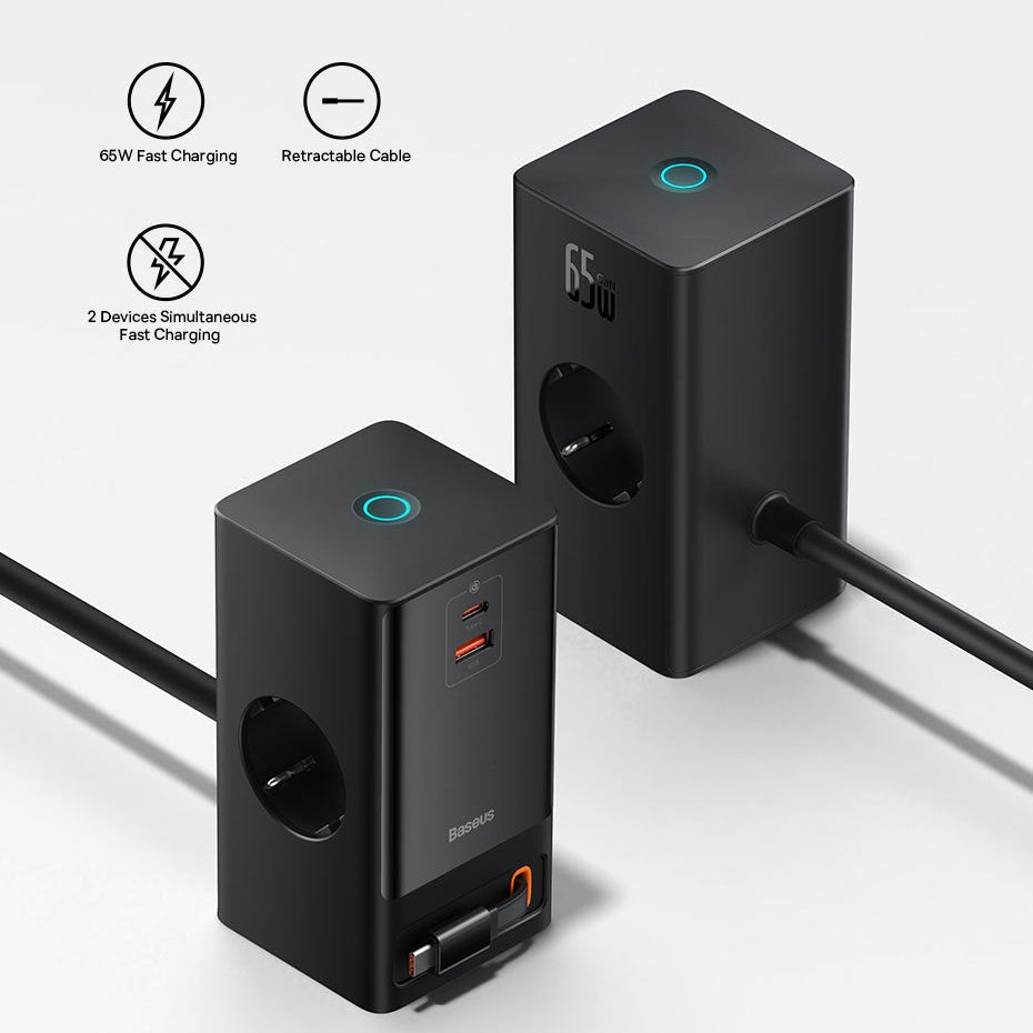 65 W GaN 4-Port USB-Ladegerät: 2 AC, 1 USB-A, 1 USB-C, einziehbar, Schnellladung, EU-Stecker