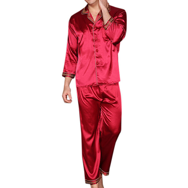 Men's Silk Soft Breathable Home Printing Sleepwear Pajamas Set