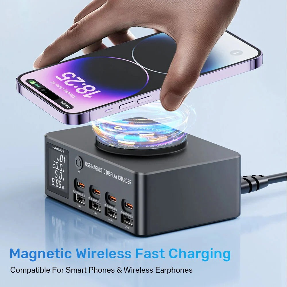 140W 8-Port USB PD Charger with Wireless Pad, Fast Charging for iPhone, Samsung, Huawei, Xiaomi