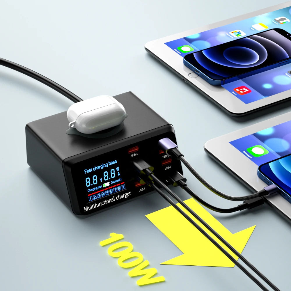 100W 8-Port USB Charger Station with Wireless Charging & Digital Display QC3.0 PD3.0 for iPhone 14/13, Xiaomi