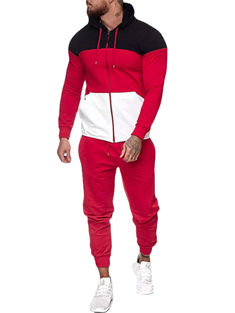 Men's Tricolor Patchwork Hoodie Jacket & Jogger Pants Sport Two-Piece Set